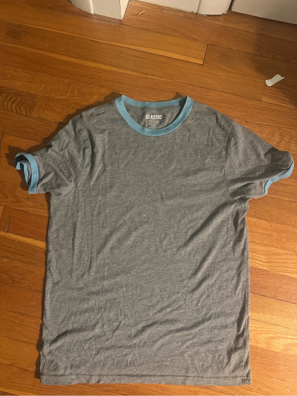 Classic Gray Ringer T-Shirt with Light Blue Trim